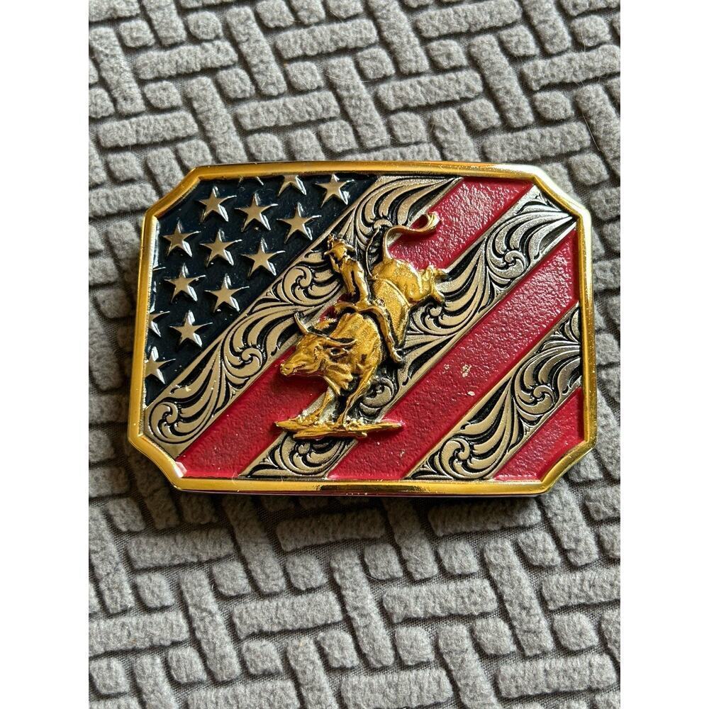 Montana Silversmiths Patriotic Bull Rider Attitude Belt Buckle Red Silver Blue